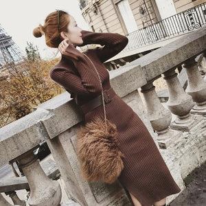 Bodycon Sweater Dress Women Winter Knitted Sweaters Long Dresses Korean Woman Split Pleated Dresses Belt Winter OL Dress Vestido