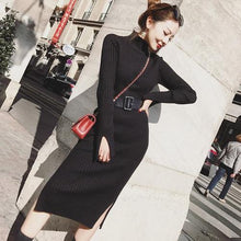 Load image into Gallery viewer, Bodycon Sweater Dress Women Winter Knitted Sweaters Long Dresses Korean Woman Split Pleated Dresses Belt Winter OL Dress Vestido