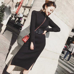 Bodycon Sweater Dress Women Winter Knitted Sweaters Long Dresses Korean Woman Split Pleated Dresses Belt Winter OL Dress Vestido