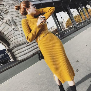 Bodycon Sweater Dress Women Winter Knitted Sweaters Long Dresses Korean Woman Split Pleated Dresses Belt Winter OL Dress Vestido