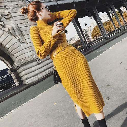 Bodycon Sweater Dress Women Winter Knitted Sweaters Long Dresses Korean Woman Split Pleated Dresses Belt Winter OL Dress Vestido