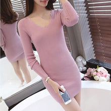 Load image into Gallery viewer, ROPALIA Women Sexy Sweater Dress Autumn Winter Fashion V Neck Bodycon Basic Mini Solid Color Knitted Dress Pullover Maxi Dress
