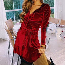 Load image into Gallery viewer, Chirstmas Red Velvet Ruffles Dress Sexy V-Neck Irregular Kimono Wrap Party Mini Dress Autumn Winter Women Long Sleeve Robe GV078