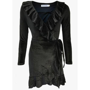 Chirstmas Red Velvet Ruffles Dress Sexy V-Neck Irregular Kimono Wrap Party Mini Dress Autumn Winter Women Long Sleeve Robe GV078