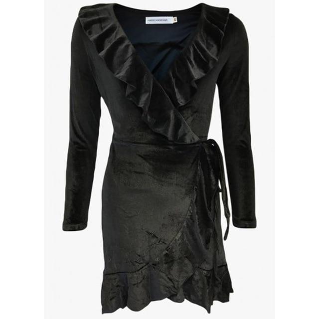 Chirstmas Red Velvet Ruffles Dress Sexy V-Neck Irregular Kimono Wrap Party Mini Dress Autumn Winter Women Long Sleeve Robe GV078