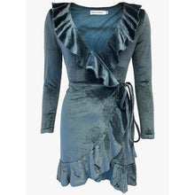 Load image into Gallery viewer, Chirstmas Red Velvet Ruffles Dress Sexy V-Neck Irregular Kimono Wrap Party Mini Dress Autumn Winter Women Long Sleeve Robe GV078