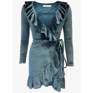 Chirstmas Red Velvet Ruffles Dress Sexy V-Neck Irregular Kimono Wrap Party Mini Dress Autumn Winter Women Long Sleeve Robe GV078