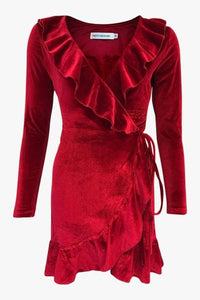 Chirstmas Red Velvet Ruffles Dress Sexy V-Neck Irregular Kimono Wrap Party Mini Dress Autumn Winter Women Long Sleeve Robe GV078