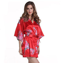 Load image into Gallery viewer, Red Plus Size Chinese Women&#39;s Satin Nightgown Short Robe Gown New Style Kimono Bathrobe Sexy Floral Night Dress Sleepwear M48