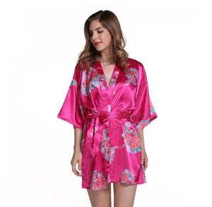 Red Plus Size Chinese Women's Satin Nightgown Short Robe Gown New Style Kimono Bathrobe Sexy Floral Night Dress Sleepwear M48