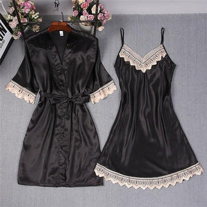 Red Women Lace Kimono Robe Set Lady Satin Bathrobe Bride Bridesmaid Wedding Robe Dress Gown Sexy Nightgown Sleepwear M L XL