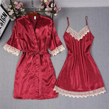 Load image into Gallery viewer, Red Women Lace Kimono Robe Set Lady Satin Bathrobe Bride Bridesmaid Wedding Robe Dress Gown Sexy Nightgown Sleepwear M L XL